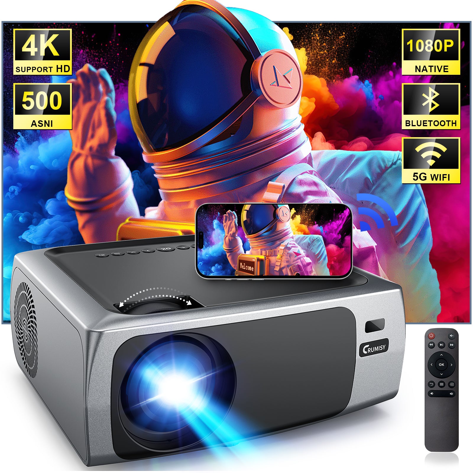 Auto Keystone Projector 4K Support,15000 Lumens Portable WIFI Projector 1080P with 5G